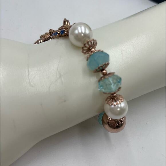 Betsey Johnson Rose Gold Tone Rhinestone Faux Pearl Blue Beads Stretch Bracelet - Picture 8 of 11